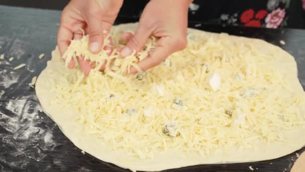 Saupoudrer de fromage sur la pizza, fermer. Saupoudrer de fromage râpé femelle sur la base de pizza — Video