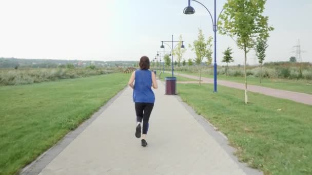 Een vrouw die 's ochtends jogt op het sportpad. Vrouwelijk rennen in het stadspark — Stockvideo