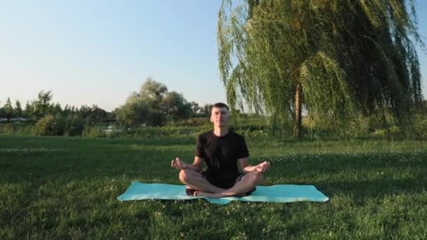 Geestelijke wereld. Man zittend op gras in park met gesloten ogen en mediterend — Stockvideo