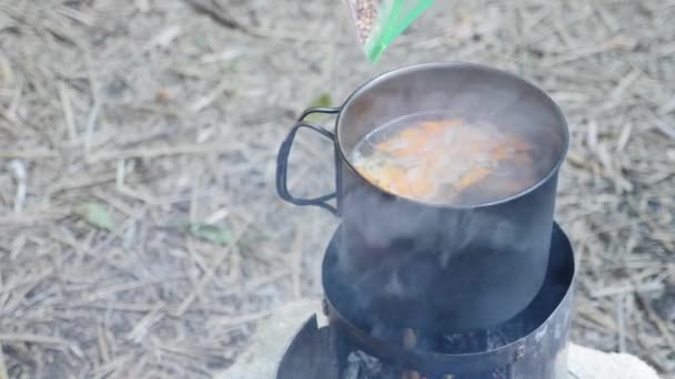 Cucinando in fiamme. Turistico preparare cibo campeggio su stufa a legna. Concetto di viaggio — Video Stock