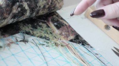 Kadın, tuvalde haçla güzel doğa nakışı yapar. Kadın çapraz dikiş.