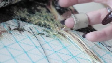 Yeşil doğada çapraz dikiş atan kadın elleri. Ellerinizi kapayın ve nakış işleyin.