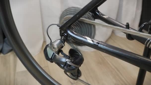 Rueda trasera de bicicleta con casete y cadena, transmisión de bicicletas. Rueda de bicicleta girar — Vídeos de Stock