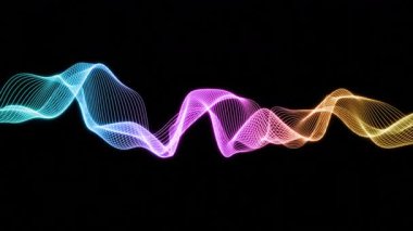 Siyah arka planda dalga desenleri. RGB renkleriyle parlayan şerit çizgiler, sallanan, döngülü animasyon. Renkli dalgaların hareketli arkaplanının kusursuz canlandırılmış arkaplanı
