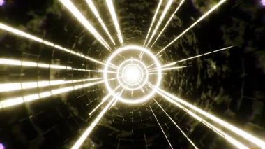 Soyut geometrik neon yuvarlak çerçeveler, halkalar, daireler ve parlayan çizgiler arasında uçuşla üç boyutlu bir animasyon. Fütürist tünel. Veri teknolojisi. Bilim kurgu teması