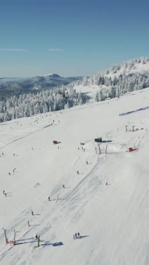 Almanya 'nın Feldberg kayak merkezindeki kayak pistlerinde kayak yapan ve snowboard yapan insanların olduğu kayak pistleri. Dikey video
