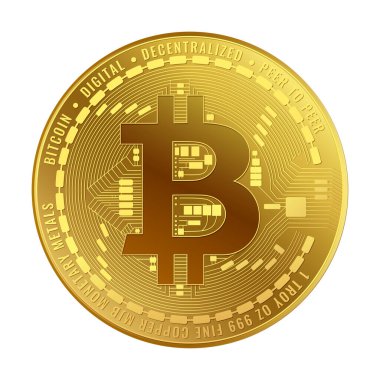 Altın Bitcoin. Geçmişi olmayan gerçekçi bir vektör çizimi. Kripto para birimi projeleri için.