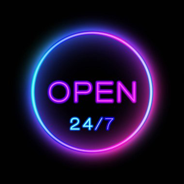 Open 24 hours. Vector illustration in neon style. For signs, banners and other types of advertising. clipart