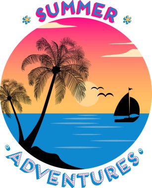 Yaz maceraları. Testin dekorasyonu, aksesuarlar, çıkartmalar ve daha fazlası için harflerle çizilmiş bir resim. Vektör, herhangi bir boyuta genişletilebilir ve yazdırma için kullanılabilir.