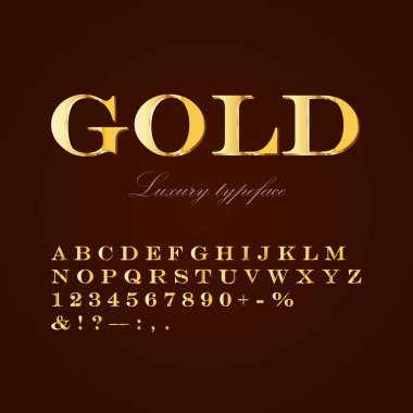 Altın lüks vektör tipi: alfabe, sayılar, semboller. Tatiller, kutlamalar, oyun işleri, VIP projeleri..