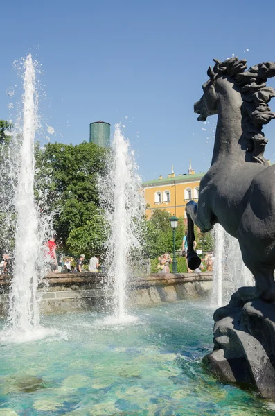 莫斯科，俄罗斯-2015 年 8 月 11 日:"四马"论在莫斯科涅广场喷泉观 — 图库照片