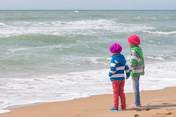 Две девушки держатся за руки, стоя на пляже и смотрят вдаль — стоковое фото