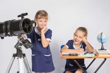Girl mysteriously astronomer looks into the distance, a classmate with a smile looked at her clipart