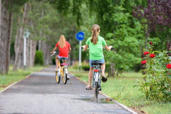 Duas Namoradas Andar Bicicleta Longo Dos Caminhos Parque Vista Parte — Fotografia de Stock