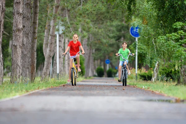 Dos Amigas Montan Bicicleta Por Los Senderos Del Parque — Foto de Stock