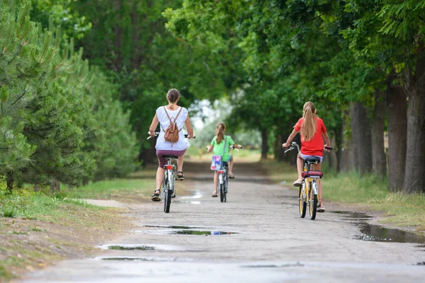 2人の子供を持つお母さんは午前中に公園で自転車に乗って バックビュー — ストック写真