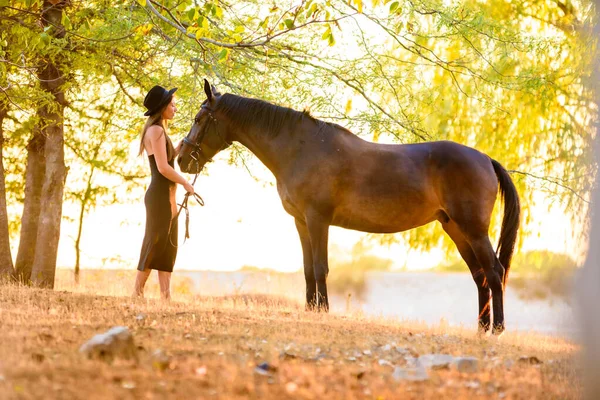 Mooi Meisje Staat Met Een Paard Het Bos Bij Zonsondergang — Stockfoto