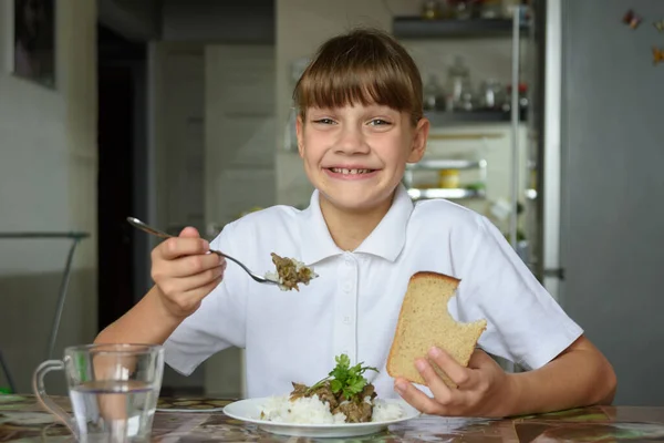 Happy Girl Happily Eats Second Dish Looks Frame Cute Smile — Stock Photo, Image