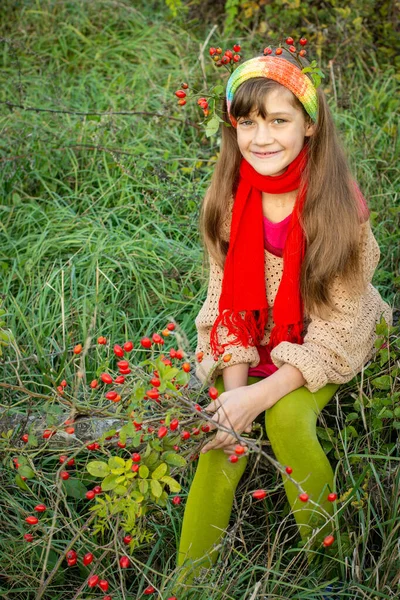 Девушка Осенней Одежде Кустом Шиповника Руках Фоне Зеленой Травы — стоковое фото
