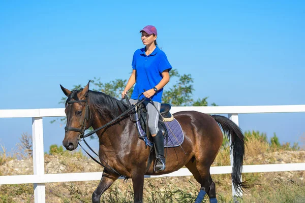 Hübsches Mädchen Lässiger Kleidung Reitet Auf Einem Pferd — Stockfoto