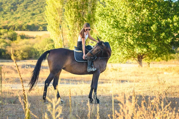 Mädchen Mit Brille Füttert Pferd Beim Reiten Herbstwald Mit Der — Stockfoto