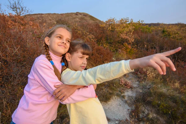 少女は指を遠くに向ける妹を抱きしめる — ストック写真