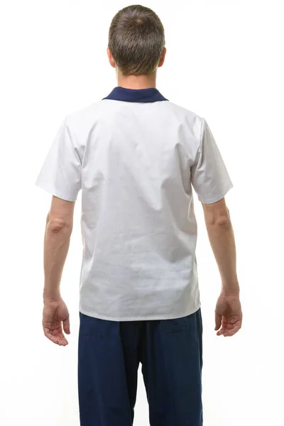 Een Man Een Medisch Shirt Broek Een Uitzicht Van Achteren — Stockfoto