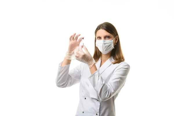 Girl Doctor Stands Glass Test Tube Her Hands — Stock Photo, Image