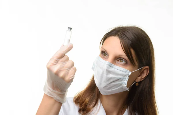 Girl Doctor Look Glass Test Tube White Powder Focus Girl — Stock Photo, Image