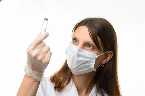 Girl Doctor Look Glass Test Tube White Powder Focus Test — Stock Photo, Image