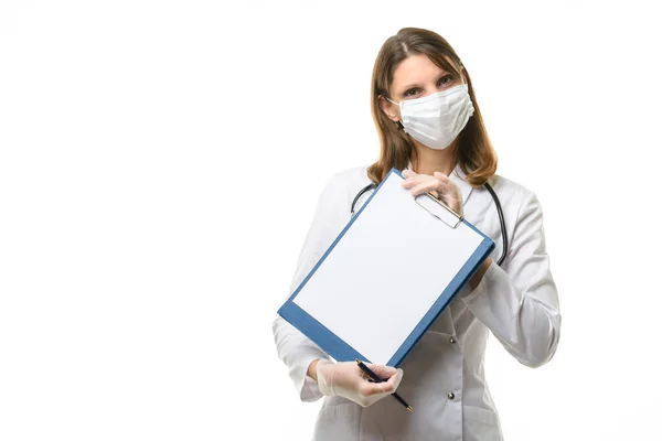 Girl Doctor Mask Gloves Holds Tablet Blank Sheet Paper Her — Stock Photo, Image