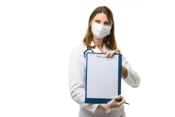 Girl Doctor Shows Tablet Blank Sheet Paper Front Her — Stock Photo, Image