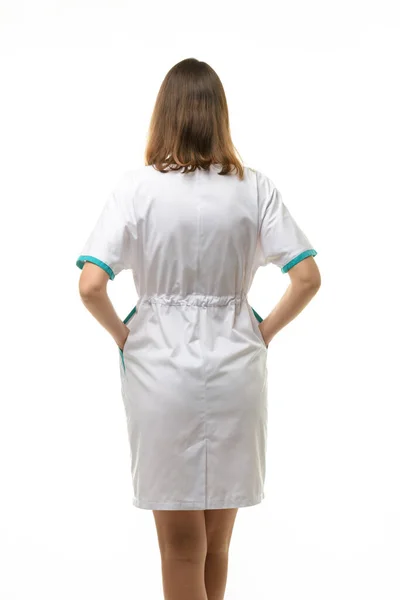 Girl White Medical Coat View Back Isolated White Background — Stock Photo, Image