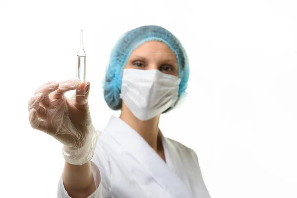 Girl Doctor Medical Mask Holds Ampoule Medicine Her Hand — Stock Photo, Image