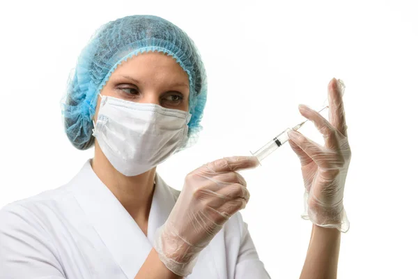 Nurse Mask Gloves Draws Medicine Syringe Ampoule — Stock Photo, Image
