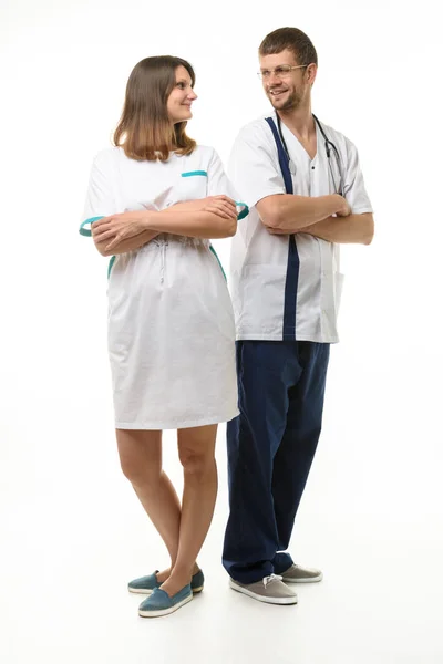 Man Doctor Girl Nurse Stand Backs Each Other Looked Each — Stock Photo, Image