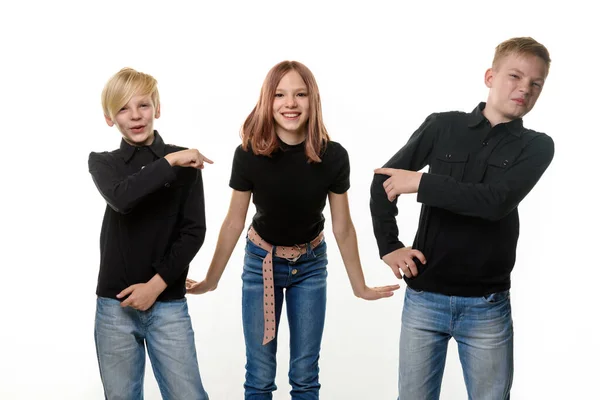 Happy Girl Surrounded Boring Brothers Stock Photo