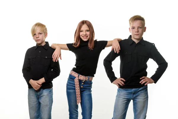 Happy Little Girl Put Her Hands Brothers Shoulders White Background Stock Photo