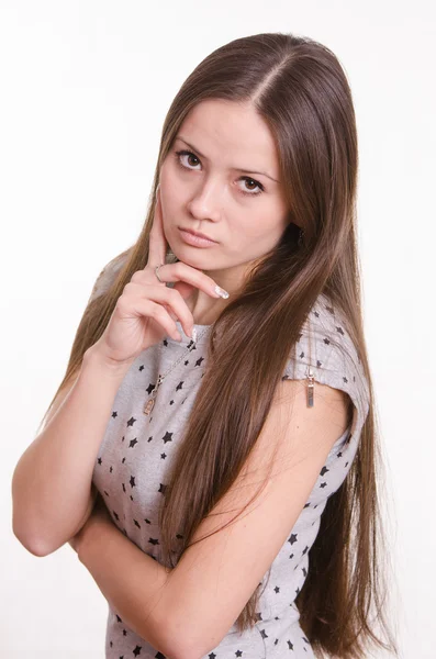 Porträt eines hübschen Mädchens mit dem Finger auf die Person — Stockfoto