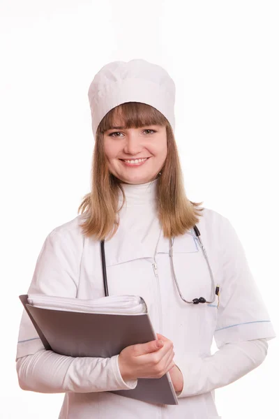 Health worker in uniform with documents in hand — Stock Photo, Image