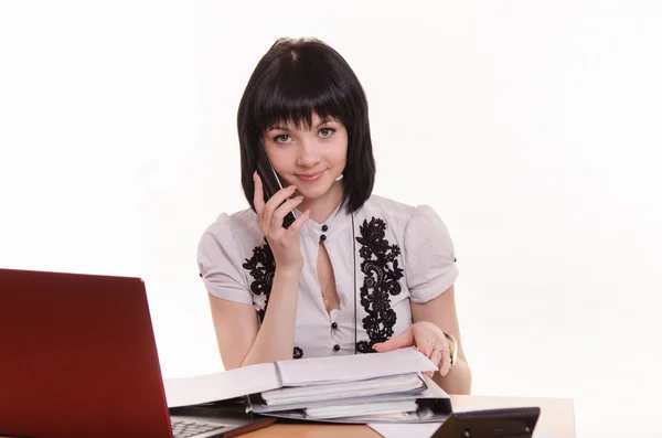 Office employee call-center with phone in hand — Stock Photo, Image