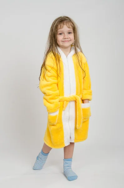 Portrait in full growth girl bathrobe — Stock Photo, Image