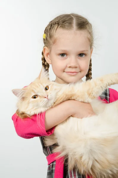 Portrét veselá čtyř leté holčičky s kočkou v náručí — Stock fotografie