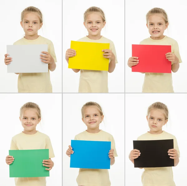 Collage of six portraits girls with different colored monochromatic cards — Stok fotoğraf