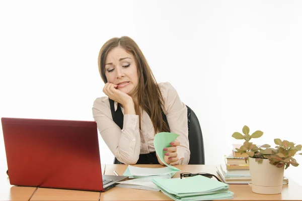 Teacher with horror looks in a notebook student — Stock Photo, Image