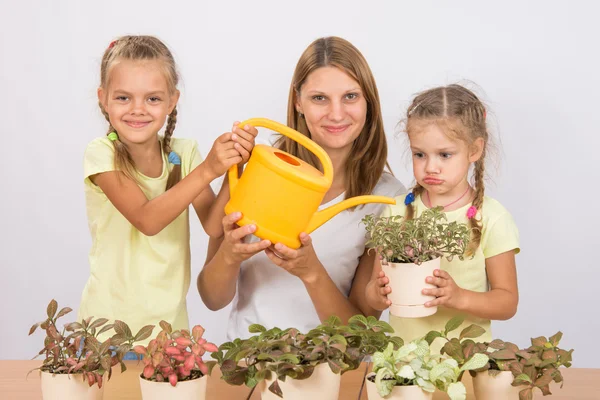 Веселая и веселая мама и дочь поливали цветы — стоковое фото