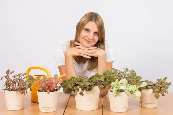 Счастливая девушка домашние растения — стоковое фото