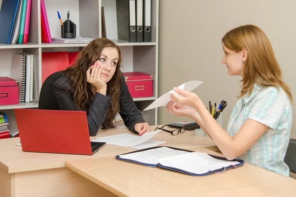 Office staff is tired looking at the next client — 스톡 사진