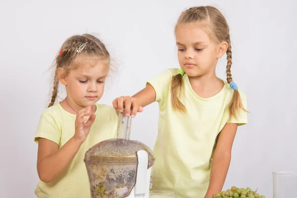 Duas irmãs espremeu suco de frutas em um espremedor — Fotografia de Stock