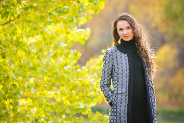 Cute young girl on the background of the autumn yellow forests — Stock Photo, Image